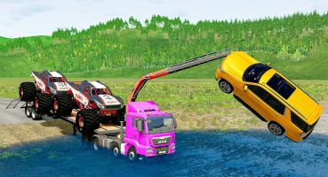 Flatbed Trailer Monster Truck vs Train – Cars vs Speed Bumps – BeamNG.Drive #192 Fragman izle
