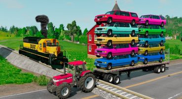 🚛 Double Flatbed Trailer Truck vs Speedbumps Train vs Cars | Tractor vs Train | BeamNG Drive Fragman izle