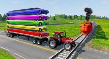 Double Flatbed Trailer Truck vs Speedbumps Train vs Cars | Tractor Beamng.Drive Fragman izle