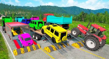 Flatbed Trailer Cars Transportation with Truck – Speedbumps vs Cars vs Train – BeamNG.Drive #22 Fragman izle