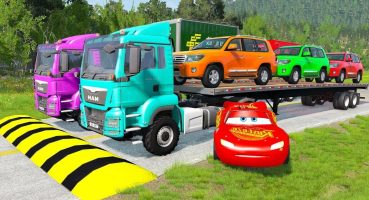 Double Flatbed Trailer Truck vs Speedbumps Train vs Cars Beamng.Drive Fragman izle