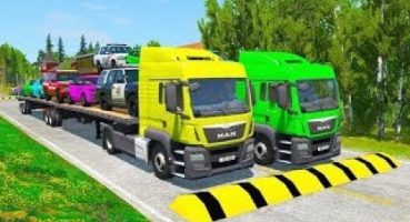 Double Flatbed Trailer Truck vs Speedbumps Train vs Cars | Tractor Beamng.Drive Fragman izle