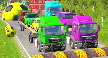 Double Flatbed Trailer Truck vs speed bumps Busses vs speed bumps | Beamng Drive Fragman izle