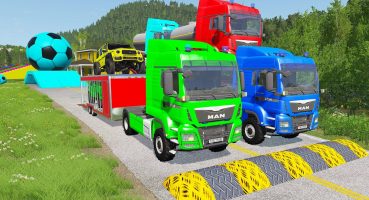 Double Flatbed Trailer Truck vs Speedbumps Train vs Cars | Tractor vs Train Beamng.Drive 050 Fragman izle
