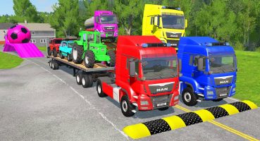 Flatbed Trailer Cars Transportation with Truck – Speedbumps vs Cars vs Train – BeamNG.Drive Fragman izle