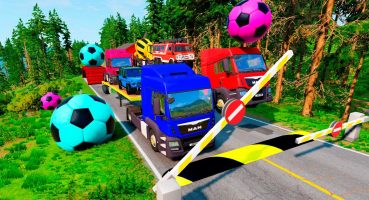 Flatbed Trailer Colorful Cars Transportation with MANTruck – Speedbumps vs Cars vs Train BeamNG Fragman izle