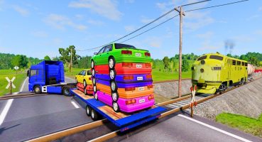 Flatbed Trailer Cars Transportation with Truck – Speedbumps vs Cars vs Train – BeamNG.Drive #015 Fragman izle