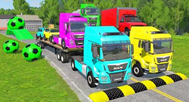 Double Flatbed Trailer Truck vs Speedbumps Train vs Cars Beamng.Drive Fragman izle