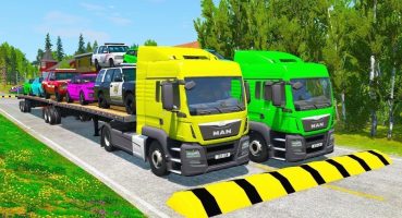 Double Flatbed Trailer Truck vs Speedbumps Train vs Cars | Tractor vs Train Beamng.Drive 050 Fragman izle