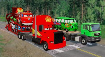 Double Flatbed Trailer Truck Rescue Monster Truck – Cars vs Slide Color – Cars vs Stairs Color Fragman izle
