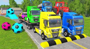 Flatbed Trailer Cars Transportation with Truck – Speedbumps vs Cars vs Train – BeamNG.Drive Fragman izle