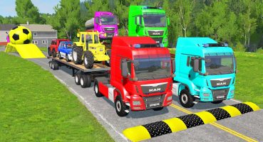 Flatbed Trailer Cars Transportation with Truck – Speedbumps vs Cars vs Train – BeamNG.Drive Fragman izle