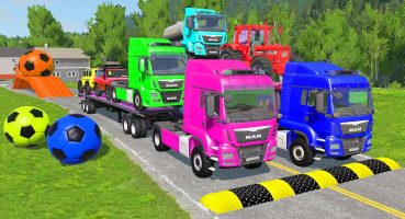 Flatbed Trailer Cars Transportation with Truck – Speedbumps vs Cars vs Train – BeamNG.Drive Fragman izle