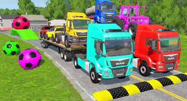 Flatbed Trailer Cars Transportation with Truck – Speedbumps vs Cars vs Train – BeamNG.Drive Fragman izle