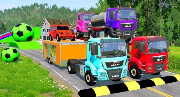 Flatbed Trailer Cars Transportation with Truck – Speedbumps vs Cars vs Train – BeamNG.Drive Fragman izle